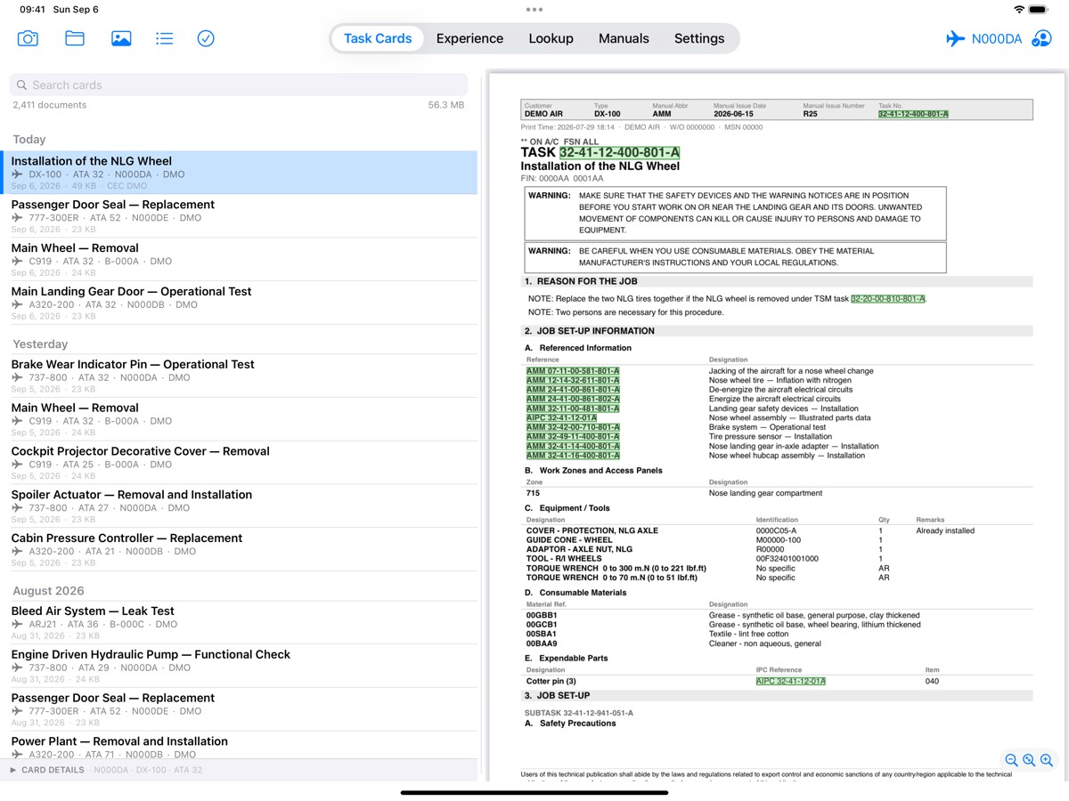 iPad: the task card list on the left with the selected card open beside it.