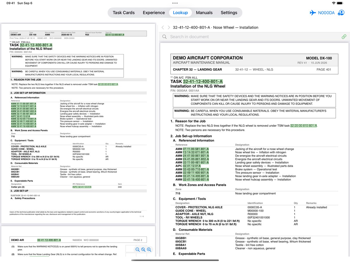 iPad: a task card on the left and the manual page one of its task links opened on the right, side by side.