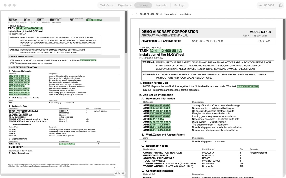 Mac: the task card in the left pane and the manual document it opened in the right pane.