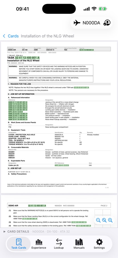 A task card open in the app, with every manual reference on it highlighted as a tappable task link.