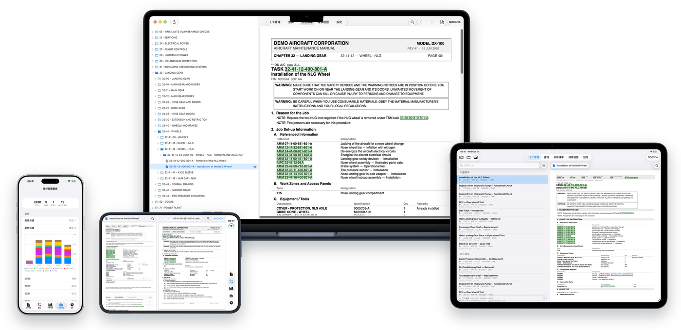 Mac、iPad、iPhone Duo 和 iPhone 上的 Aircraft Maintenance Assist：手冊目錄、工卡庫、工卡與對應手冊並排，以及維修經歷統計。